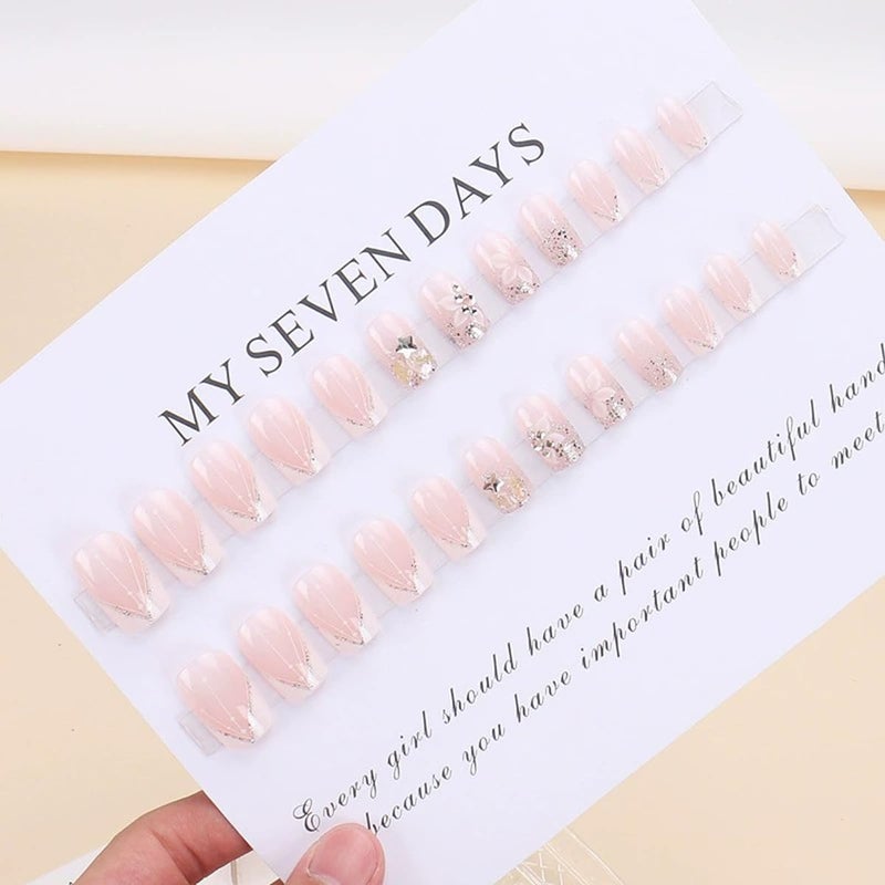 juggssa French Press on Nails Medium Square Fake Nails White French Tip Nails Press on False Nails with Flower Glitter Designs Nude Pink Acrylic Fake Nails Kits Spring Glue on Stick on Nails for Women 24PCS - Image 4